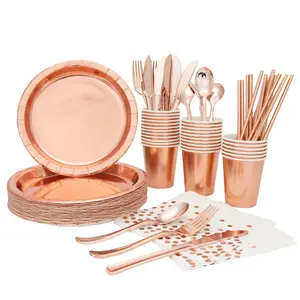 Top Selling Rose Gold Foil Wedding Birthday Decoration Party Tableware Supplies Set