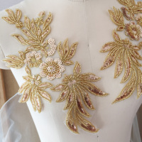 Nouvelle Applique Décorative en Dentelle Brodée de Perles Dorées et Blanches, en Maille, pour Robe de Mariée ou Voile