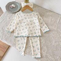 Ensemble pyjama bébé fille boutique, manches longues, col rond, imprimé floral côtelé, leggings à bord festonné, vente en gros, vêtements de nuit pour enfants