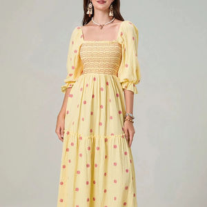 Vestido Maxi Casual de Verano para Mujer, Nuevo Estilo, Bordado Floral, 100% Algodón Tejido, Cintura Natural, Cuello Redondo, Manga Corta - Product Image 1