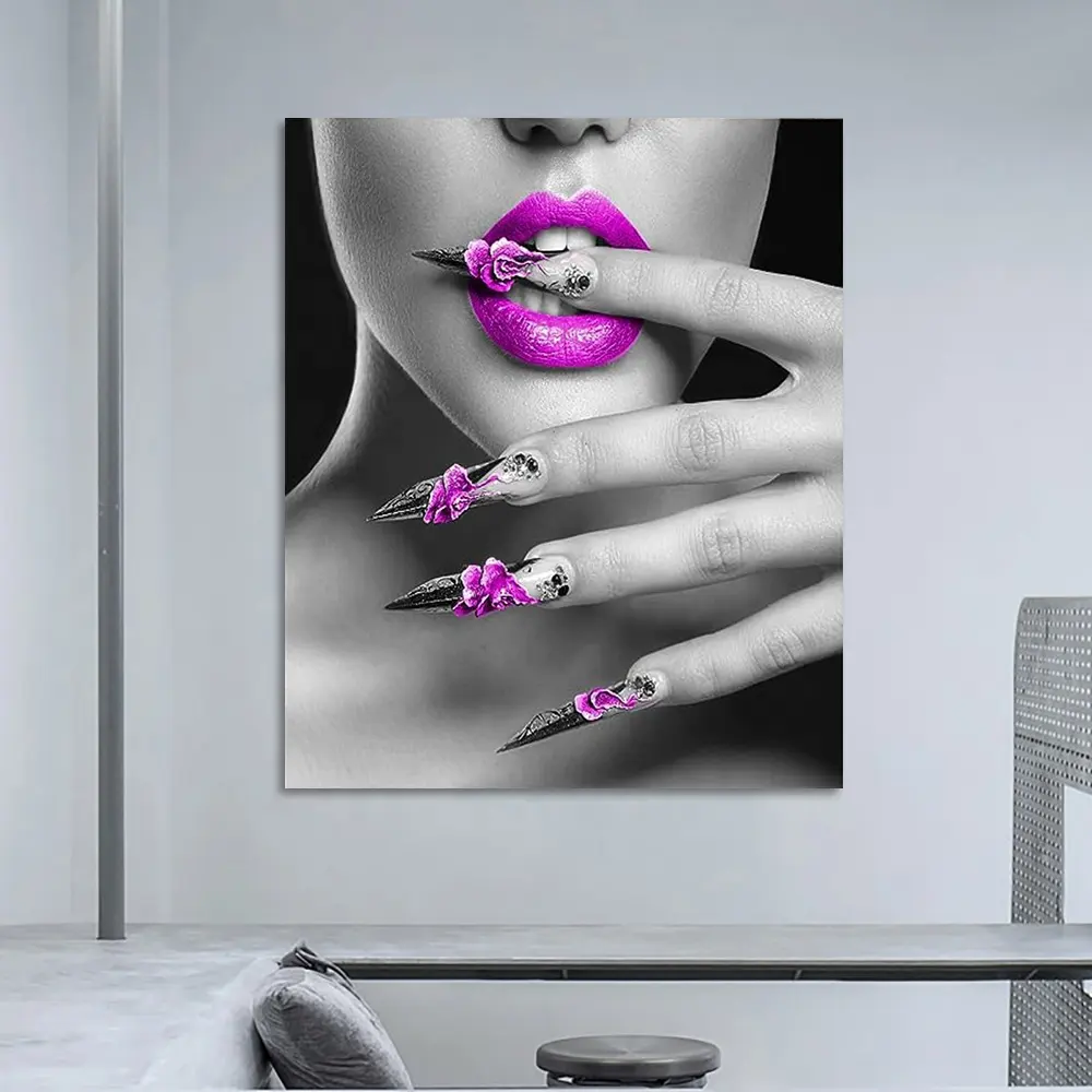 Modern canvas print wall art Fashion woman with purple lips and nails picture elegant poster Spa bathroom beauty wall decoration