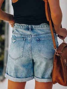 Short en jean bleu taille haute respirant pour femme 2026, coupe droite, déchiré, ourlet retroussé, style urbain tendance avec poches - Product Image 2