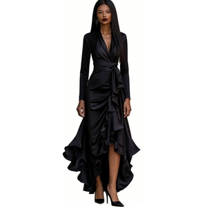 เดรสแฟชั่นผู้หญิงคอวีทรงเข้ารูปช่วงเอวแต่งระบายผ่าข้างสำหรับฤดูใบไม้ร่วง - Product Image 1