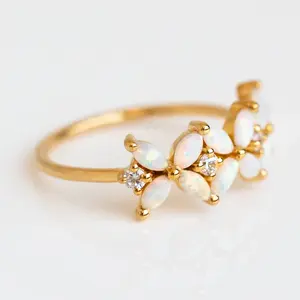 Opal Blooms Floral Ring Guangzhou CZ 2 Mm Into 18k Yellow Gold Vermeil Plated Sterling Silver Base Band Ring Width 1.2 Mm