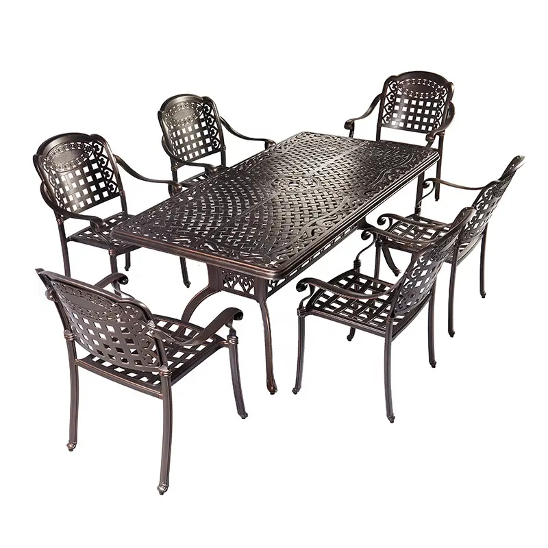 Meubles de jardin tout temps Chaises de table à manger longues en aluminium moulé pour patio extérieur avec poteau parapluie