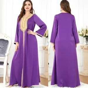 Women Abaya Nailed Purple Satin Kaftan Long Dress Wholesale Muslim Dresses Kaftan Women 2023