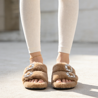 Pantuflas de Plataforma con Peluche Sintético de Conejo para Mujer, con Logotipo Personalizado, Doble Correa y Hebillas con Cristales de Imitación