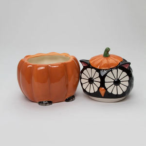Pots à biscuits en céramique peints à la main Bocaux à bonbons de stockage d'Halloween Bocaux à biscuits hibou sculpté - Product Image 5