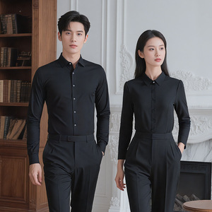 <b>Black</b> Unisex Long Sleeve Business Shirt 120 Count Mulberry Silk Modal Anti Wrinkle Workwear Slim Fit - Product Image 1