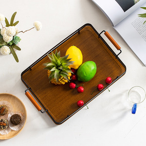 <b>Tea</b> <b>Tray</b> Rectangular Wrought Iron Handle Bamboo Wood Serving <b>Tray</b> For Restaurant Hotel Use - Product Image 2