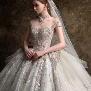 Hz029 Precioso Vestido de Novia Blanco Plateado con Escote Corazón, Cristales, Tul Esponjoso, Alas de Cadera y Cola Brillante Jancember - Product Image 5