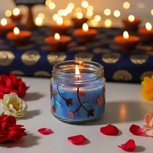 Bougie en verre à la cire de soja florale pour Diwali, écologique, décorative, bleue, pour la maison et les cadeaux, Halloween et Noël - Product Image 1
