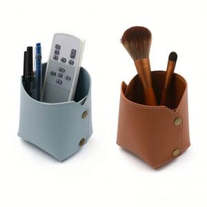 <b>Foldable</b> Handmade Embossed Pu Leather Desktop Basket Makeup Brush Organizer <b>Desk</b> Accessories Storage Pencil Pen Holder - Product Image 6
