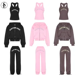 Women Set Custom Logo Colors Vintage Sweatsuits Set Distressed Embroidery Terry Tracksuit Sweatpants And Sew Zip Hoodie Women