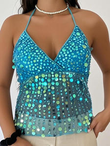 <b>Sparkly</b> Sequin Fringe Halter V-Neck Mesh See-Through Festival Party <b>Top</b> & FTS 1688 DDP Shipping Buying Service - Product Image 5