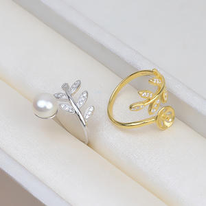 Wenchi S925 Silver Leaf Style <b>Open</b> Mouth <b>Ring</b> Women's Feather DIY Crystal Accessory 8-10 Pearl 30mm Empty Holder Model 16925 - Product Image 3