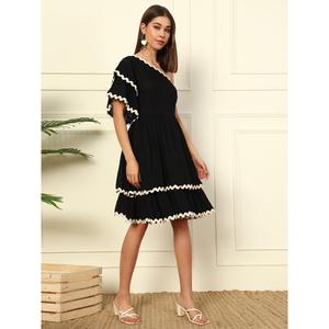Solid Rayon Tiered Layered Short <b>Dress</b> for Women's One Shoulder Bell Layered Sleeves Fit & Flared Above Knee Length <b>Dress</b> Summer - Product Image 5