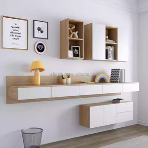 Ensembles de meubles de chambre pour appartement studio : Cadre de lit abordable en bois clair avec tête de lit, tables de chevet, armoire et bureau flottant - Product Image 2