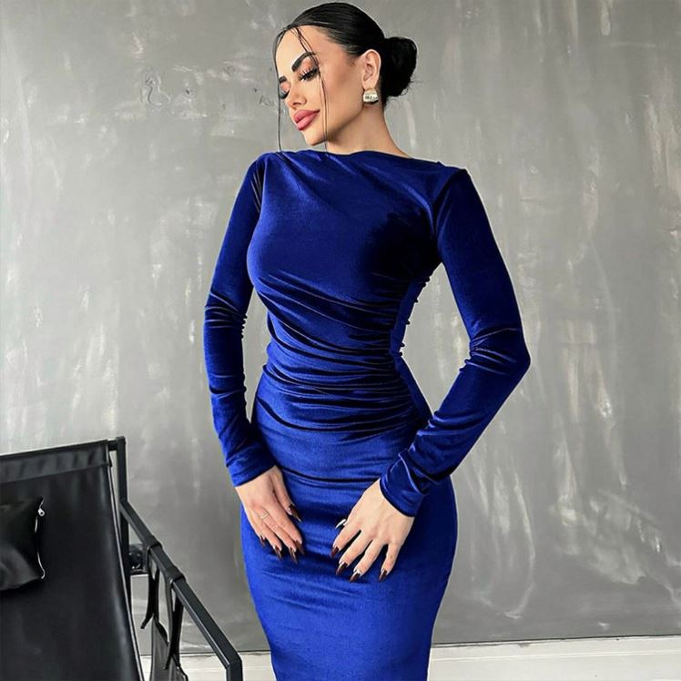 Elegant Party Outfit Evening Wear Green Suit Women Pleated Maxi Skirt 2025 Spring Summer Velvet Long Sleeve Midi Dress