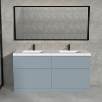 Vanity Permukaan Padat Buatan Khusus Wastafel Kamar Mandi Lapisan Ganda Wastafel Kabinet Kamar Mandi Vanity Set Dalam Biru Muda
