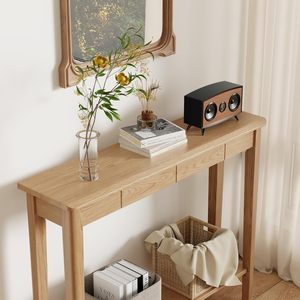 Table <span class=keywords><strong>console</strong></span> en <span class=keywords><strong>chêne</strong></span> massif de style mid-century moderne, luxueuse et naturelle, avec tiroirs, pour entrée et salon - Product Image 6
