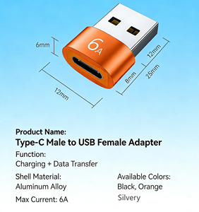 Adaptador USB 2.0 Tipo-C Hembra Universal 6A de Aleación de Aluminio, Carga Rápida, Compatible <span class=keywords><strong>con</strong></span> OTG, para Laptop, Teléfono Móvil, Air Pods, <span class=keywords><strong>iPhone</strong></span> <span class=keywords><strong>12</strong></span> - Product Image 6