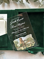 Boîte d'invitation personnalisée en velours émeraude pour mariage à destination, avec invitation en acrylique et enveloppe – Hochzeit Einladung