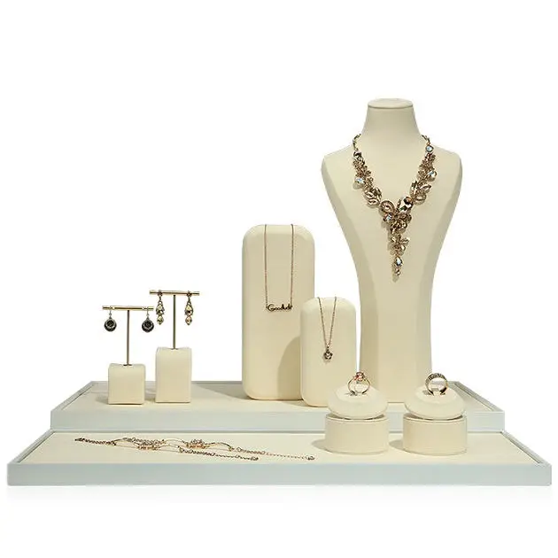 Ensemble de présentoirs à bijoux en métal en microfibre, Beige, buste d'arbre, haut de gamme, support pour armoires, fenêtre