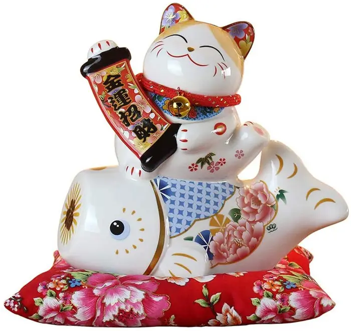 Maneki Shui Kucing Putih Keramik Keberuntungan, Celengan Kreatif Kotak Uang Kucing Maneki Neko Keberuntungan, Celengan Kucing dan Ikan, Putih