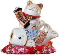 Cinese Feng Shui Bianco In Ceramica Gatto Fortunato Figura Maneki Neko Gatto di Fortuna Contenitore di Soldi Fortunato di Fascino Piggy Bank Gatto e pesce, bianco