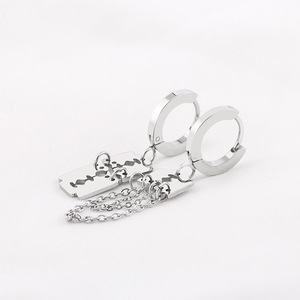 yunnique <b>Titanium</b> Steel Hoop Earrings With Blade And <b>Chain</b> Pendant Geometric Design For Men And Women - Product Image 2