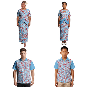 Ensemble de tenues familiales quatre pièces Puletasi Samoan à motif tribal pour les vacances à l'église des îles polynésiennes, chemises décontractées pour <span class=keywords><strong>parents</strong></span> et enfants - Product Image 2