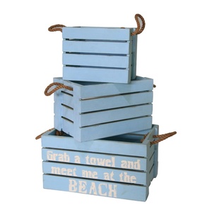 Modern Rustic Blue Wooden Storage Crates Set Nesting Decorative Beach Style Wood Display Boxes With Hemp Rope Handles For Home - Product Image 1