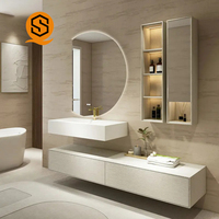 Meuble de salle de bain suspendu personnalisé de haute qualité Shinestone avec bassin en dalle de roche intégré et miroir de maquillage à LED