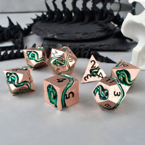 Đồng màu xanh lá cây rắn nổi kim loại Xúc xắc <span class=keywords><strong>Set</strong></span> - 7pcs đa diện cho D & D, <span class=keywords><strong>Pathfinder</strong></span> RPG | rắn theo chủ đề nặng bàn xúc xắc - Product Image 4