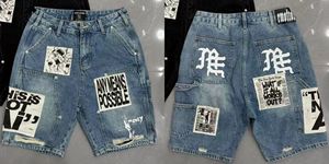 New MIXED EMOTION <strong>High</strong> Street Washed Vintage 100% Cotton Rhinestone Mid <strong>Waist</strong> Loose Straight Casual <strong>Denim</strong> <strong>Shorts</strong> for Men - Product Image 5