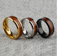 Bague de luxe en acier inoxydable de style européen et américain pour homme, avec incrustation de ligne dorée et de bois de rose, bague noire