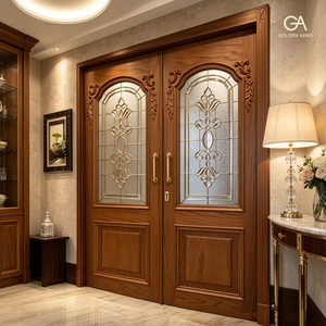 Puerta de Entrada de Madera Sólida GA-43G con Diseño Curvo Contemporáneo y Vidrio Teñido, Doble Moldura Abatible para Villa - Product Image 2