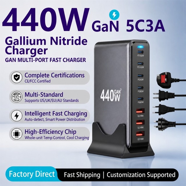 440W GaN Charger 8 Ports USB C Fast Charging Station PD 3.0 UK EU US AU Plug for Laptop Smartphone Tablet