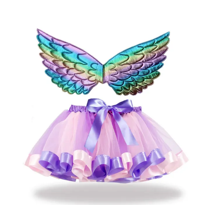 Saia tutu de princesa + asas, roupas de verão para meninas bebês crianças saia de arco-íris festa tutu menina saia colorida mini petti