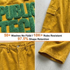 Pantalon cargo baggy en velours côtelé personnalisé par le fabricant, avec broderie chenille 3D et plis aux genoux, style workwear et streetwear - Product Image 2