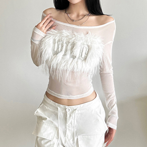 Long Sleeved <strong>Patchwork</strong> Mesh See Through <strong>Tops</strong> for Women - Product Image 1
