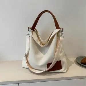 2024 nuevo bolso de mano de lona de moda, bolso escolar con cordón colorido, bolso de hombro grande y sencillo para mujer con bolsillos laterales, bolsos de mano