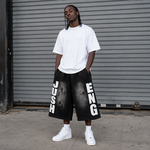 High Street Vintage Spray Dye Letter Print <strong>Shorts</strong> American Distressed Loose Wide-Leg Sports <strong>Shorts</strong> Elastic Mid Rise 100% Cotton - Product Image 2