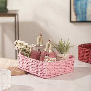 Handmade Woven Paper Rope Rectangle <b>Storage</b> <b>Basket</b> For Desktop Cosmetics And Key Organization - Product Image 2