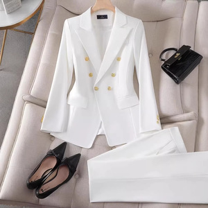Women's Pink Double-Breasted Suit Set Solid Color Polyester Worsted Fabric <b>Work</b> Wear Spring Season - Product Image 2