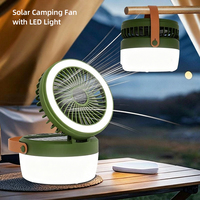 Ventilateur solaire de camping avec lanterne LED, ventilateur-lampe portable rechargeable 4-en-1 avec sangle de suspension, pour camping, pique-nique, pêche