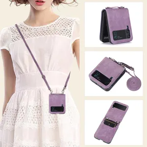 for galaxy z flip 4 PU leather women flip case crossbody strap phone Caser for Samsung Z Flip 3 4