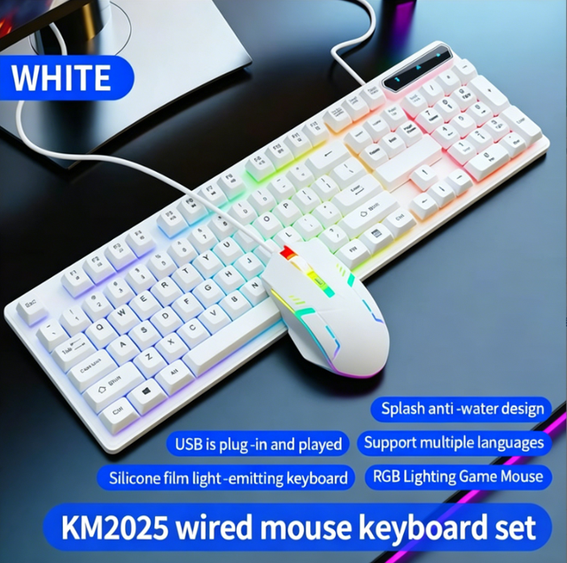 Km2025 Best-Selling Keyboard Wired Mouse Directly Connected Silicone Film Keyboard Mouse Two-Color Set 104/105/107 Key Backlight