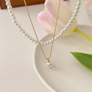 Collar <span class=keywords><strong>de</strong></span> cadena <span class=keywords><strong>de</strong></span> doble capa inspirado en el lujo, collar minimalista con colgante <span class=keywords><strong>de</strong></span> una sola perla, regalos para mujeres - Product Image 4
